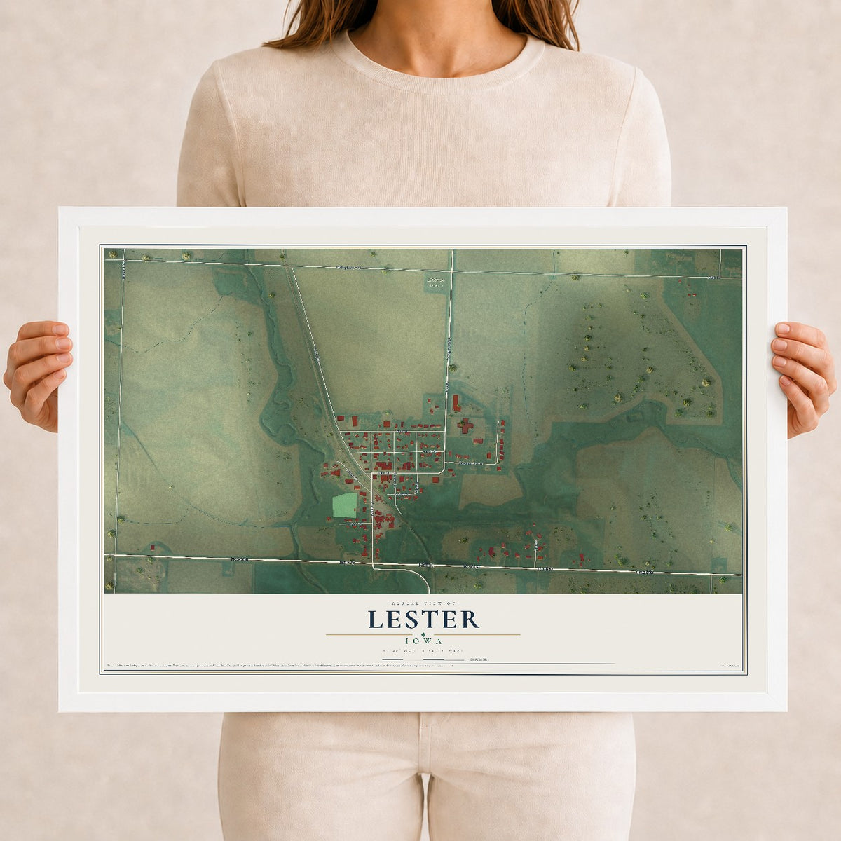 Map of Lester, Iowa, 12 x 18 inch print in a white wood frame