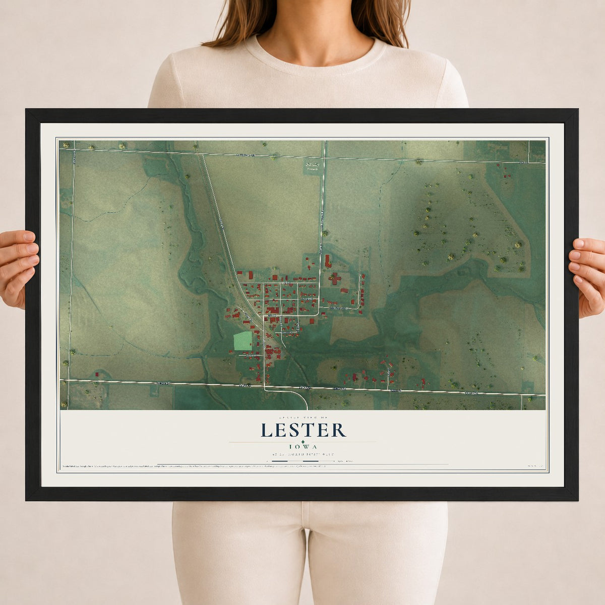 Map of Lester, Iowa, 18 x 24 inch print in a black wood frame