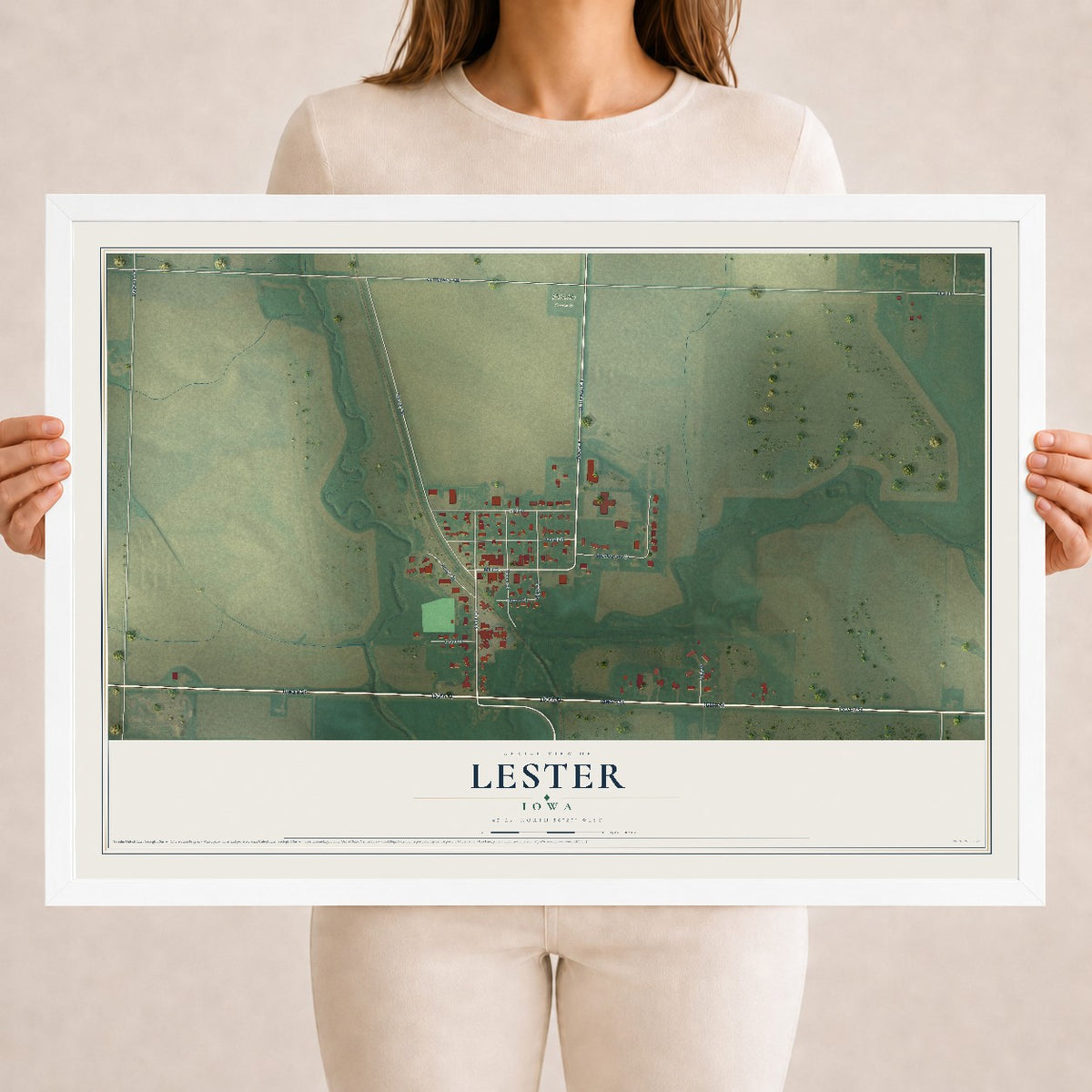 Map of Lester, Iowa, 18 x 24 inch print in a white wood frame