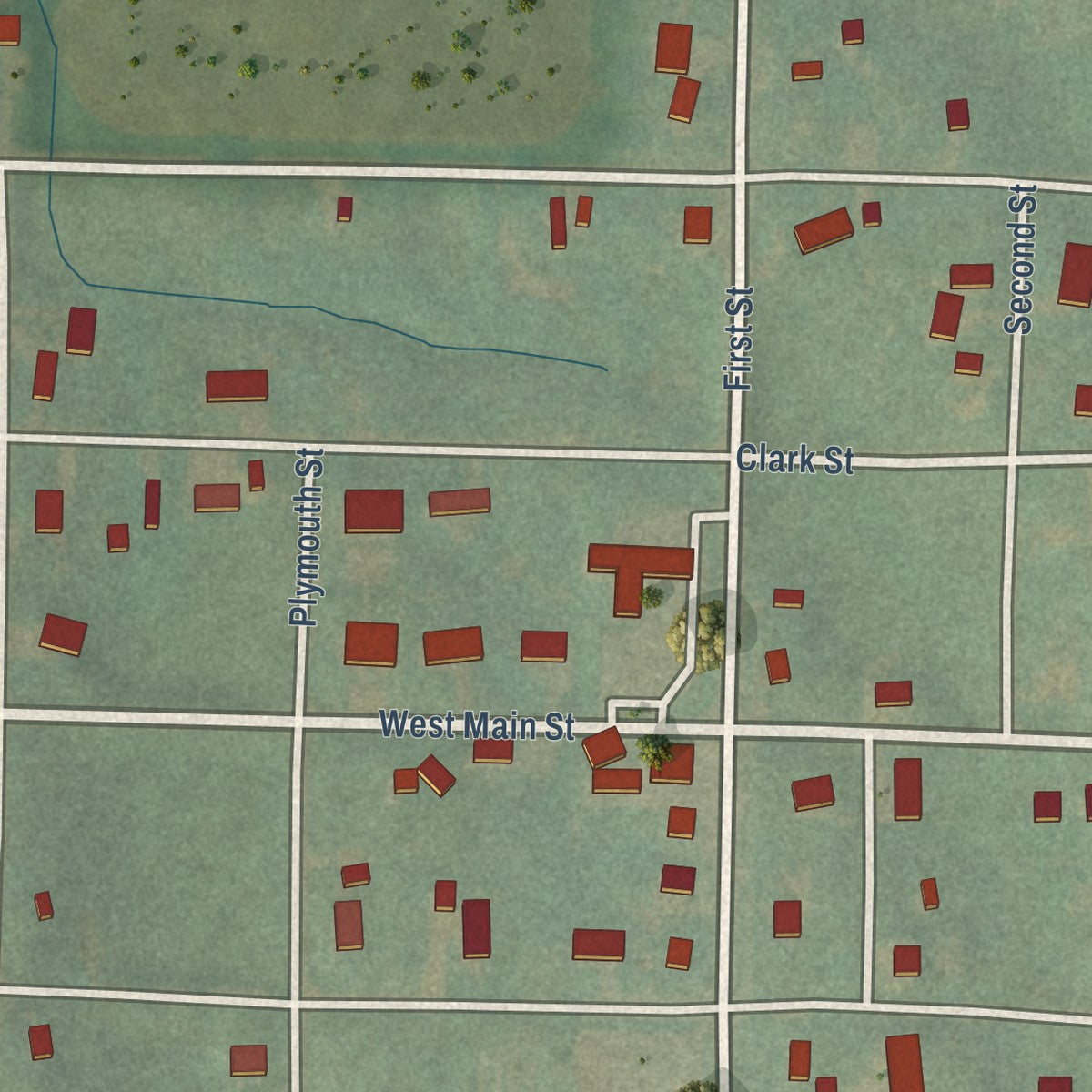 Close-up of the map of Lewis, Iowa print showing street and building detail