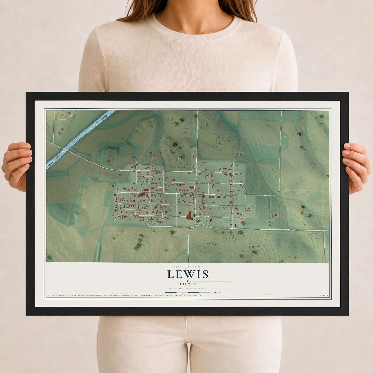 Map of Lewis, Iowa, 12 x 18 inch print in a black wood frame