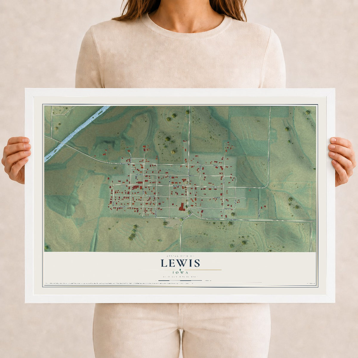 Map of Lewis, Iowa, 12 x 18 inch print in a white wood frame
