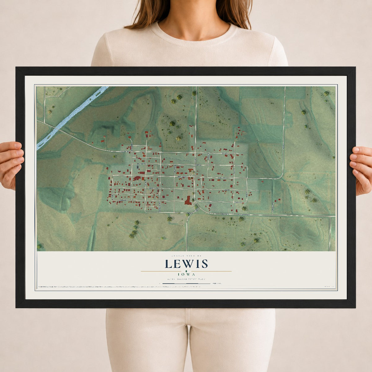 Map of Lewis, Iowa, 18 x 24 inch print in a black wood frame
