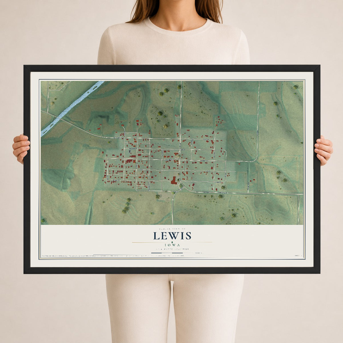 Map of Lewis, Iowa, 24 x 36 inch print in a black wood frame