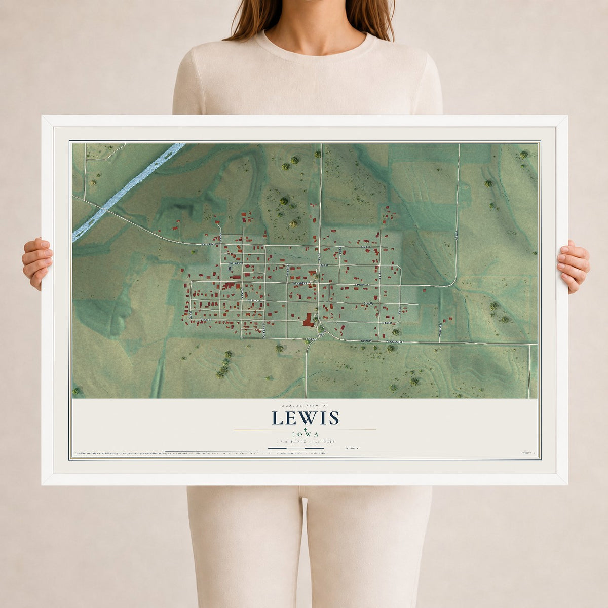 Map of Lewis, Iowa, 24 x 36 inch print in a white wood frame