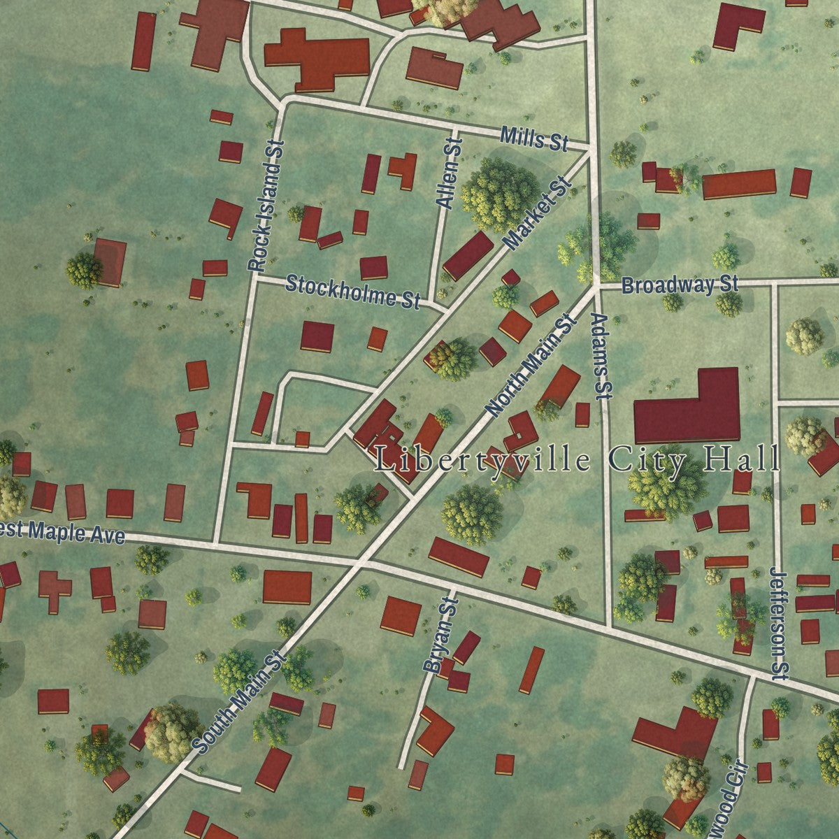 Close-up of the map of Libertyville, Iowa print showing street and building detail