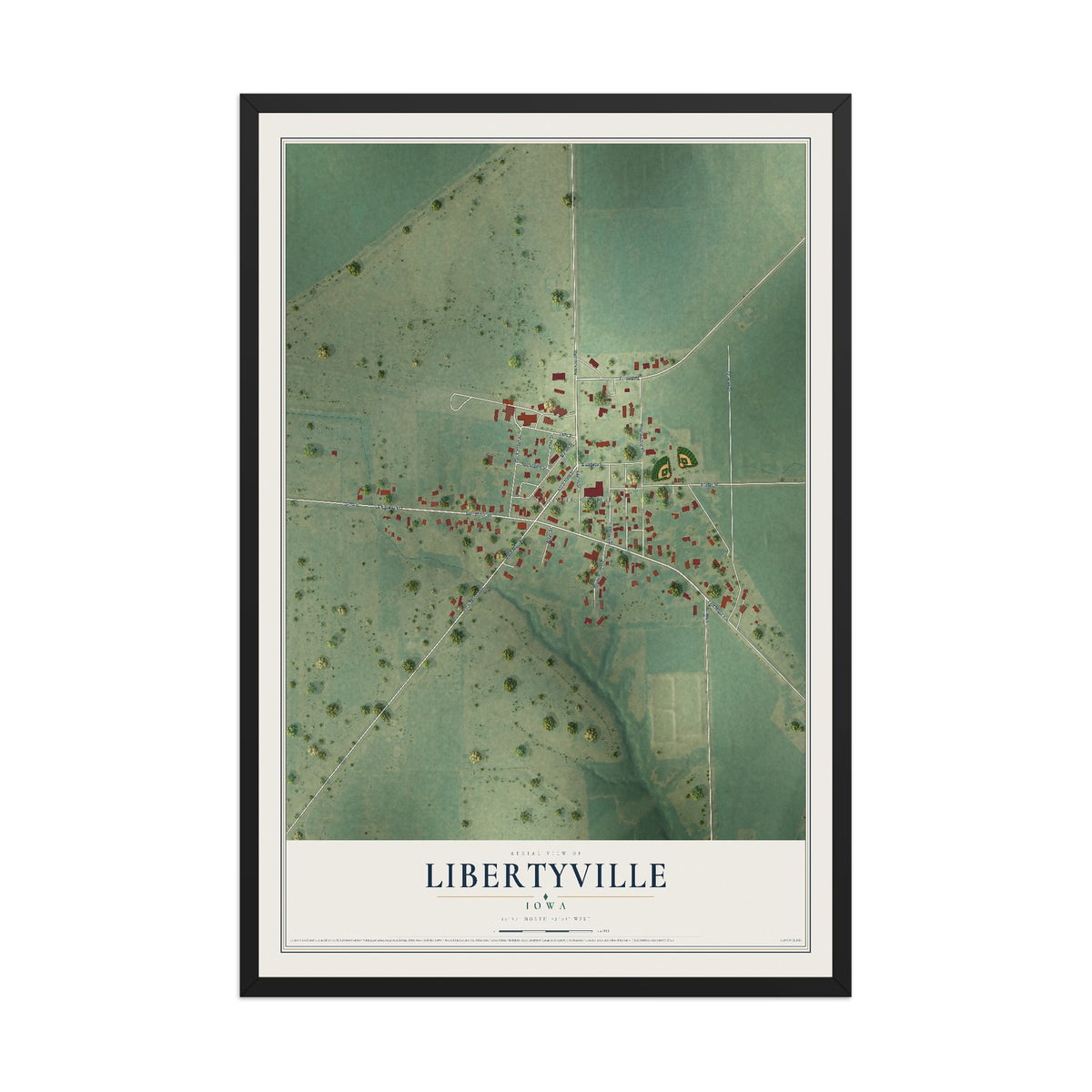Map of Libertyville, Iowa, 12 x 18 inch print in a black wood frame