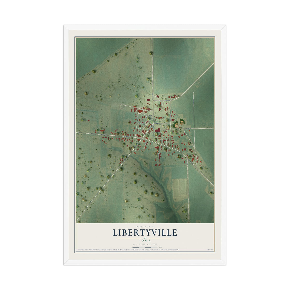 Map of Libertyville, Iowa, 12 x 18 inch print in a white wood frame