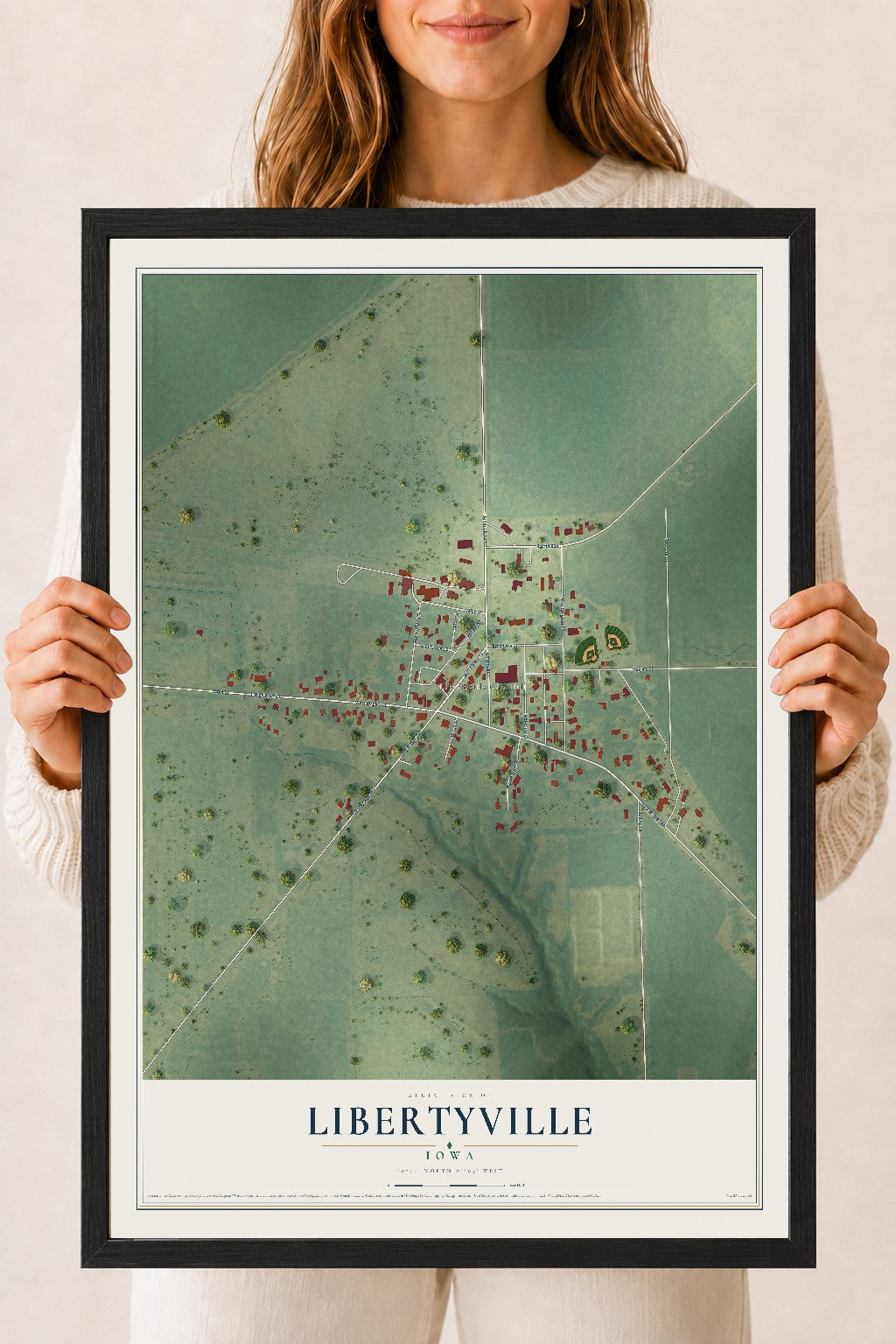 Map of Libertyville, Iowa, 18 x 24 inch print in a black wood frame