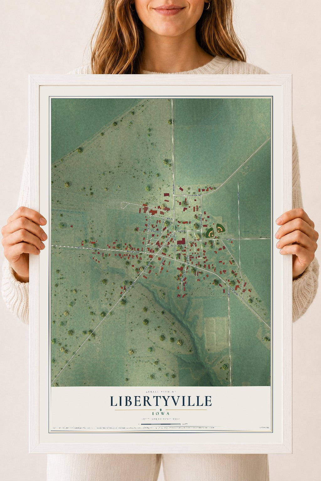 Map of Libertyville, Iowa, 18 x 24 inch print in a white wood frame
