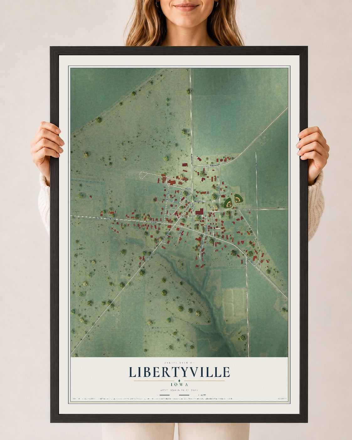 Map of Libertyville, Iowa, 24 x 36 inch print in a black wood frame