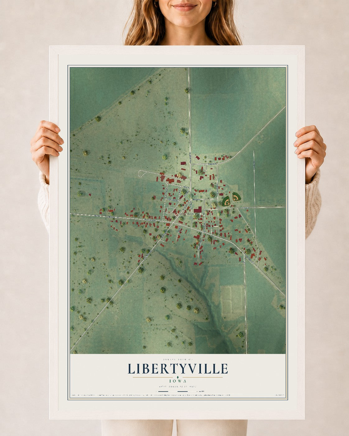 Map of Libertyville, Iowa, 24 x 36 inch print in a white wood frame