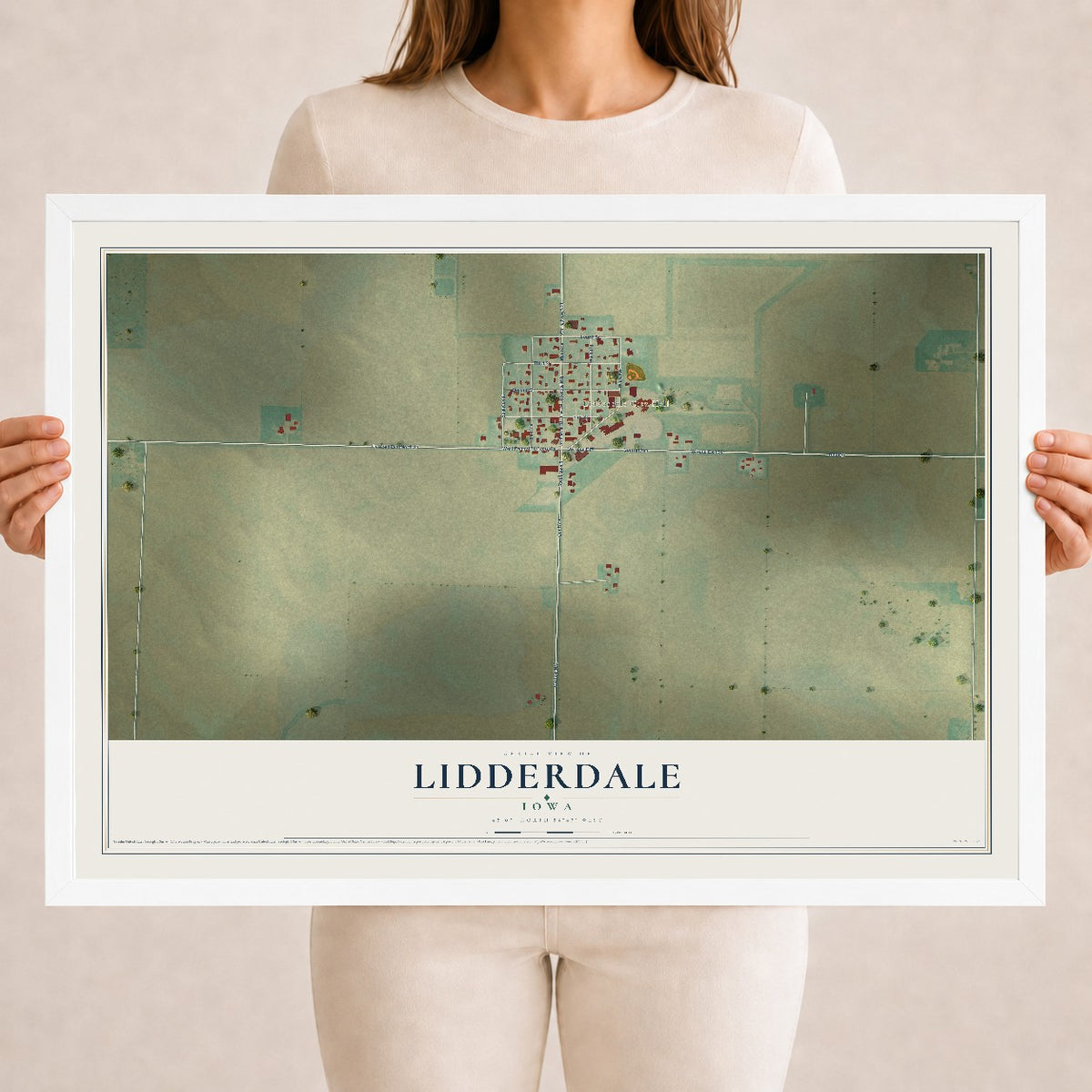 Map of Lidderdale, Iowa, 18 x 24 inch print in a white wood frame