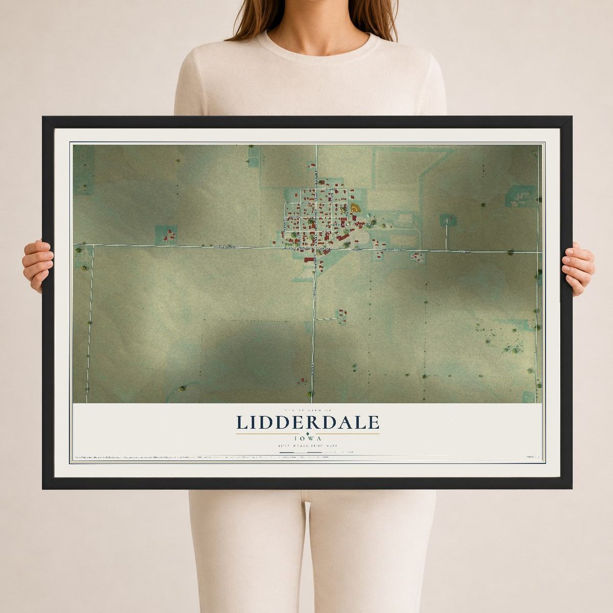 Map of Lidderdale, Iowa, 24 x 36 inch print in a black wood frame