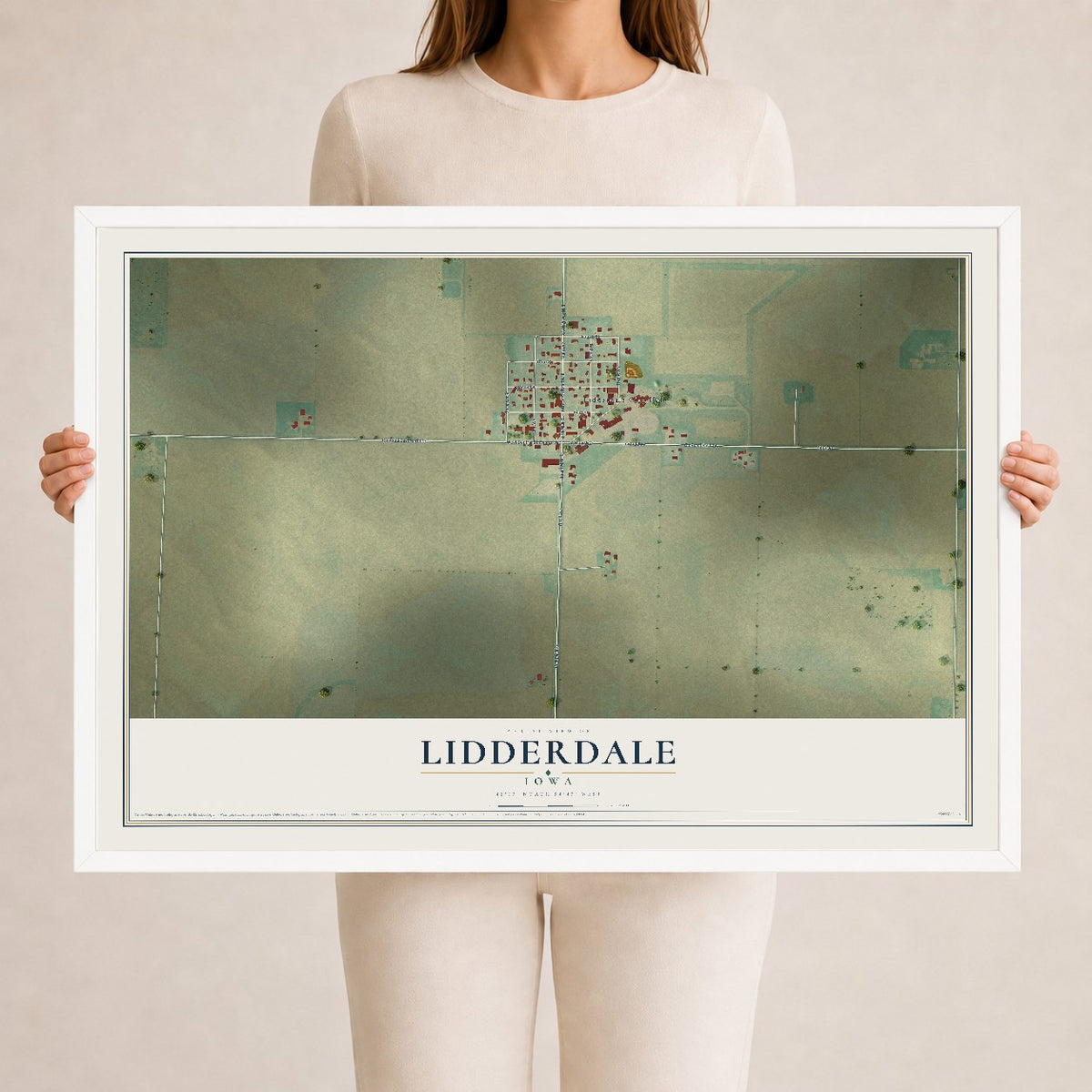 Map of Lidderdale, Iowa, 24 x 36 inch print in a white wood frame
