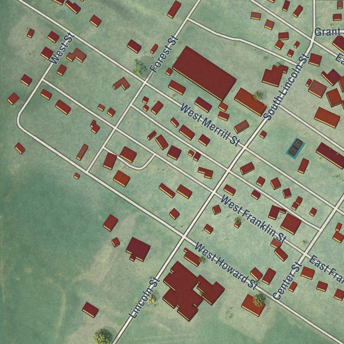 Close-up of the map of Lime Springs, Iowa print showing street and building detail