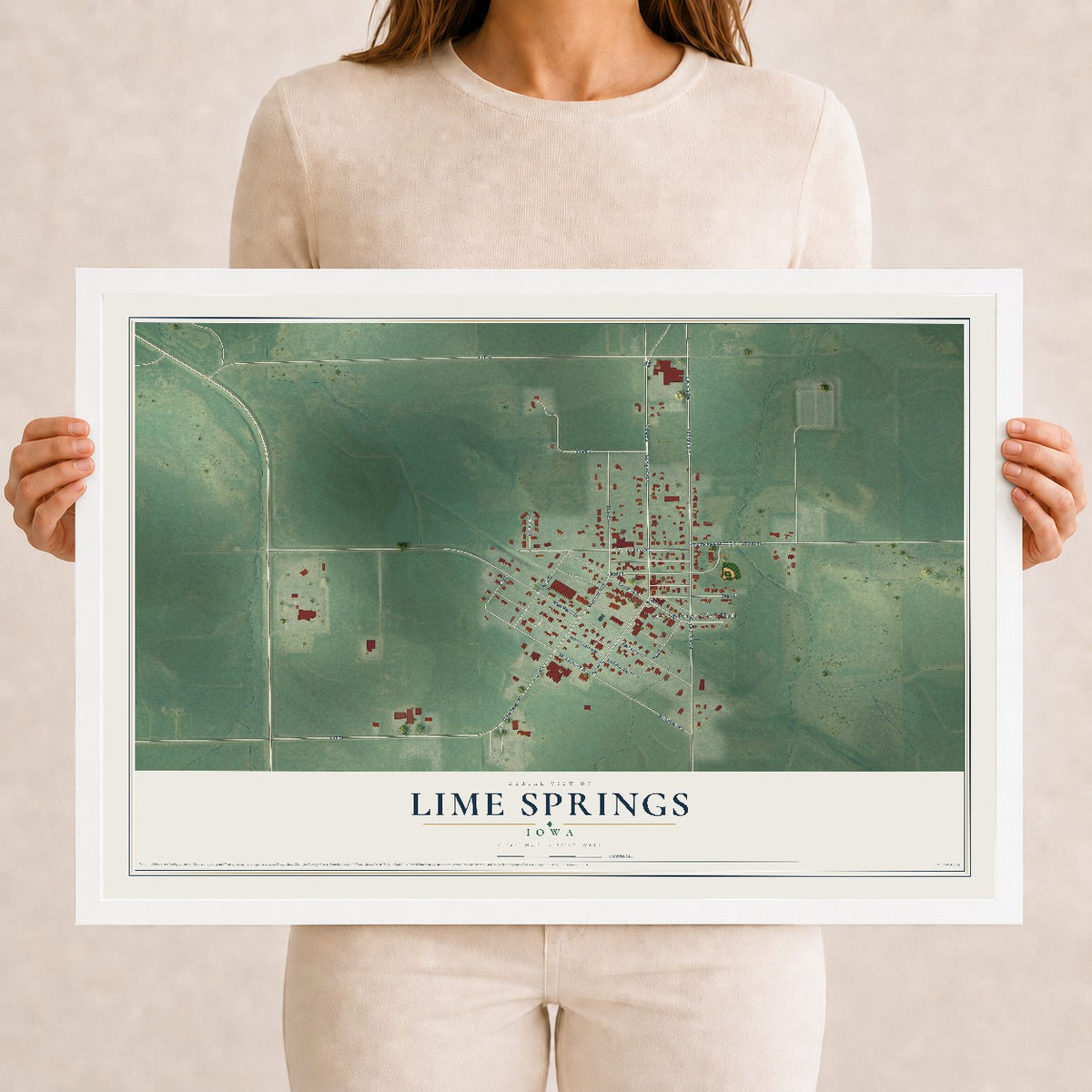 Map of Lime Springs, Iowa, 12 x 18 inch print in a white wood frame