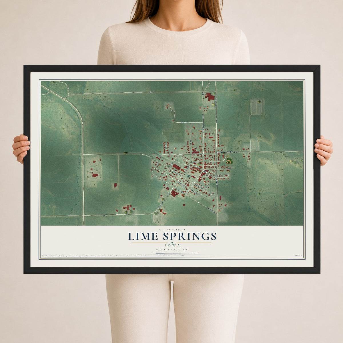 Map of Lime Springs, Iowa, 24 x 36 inch print in a black wood frame
