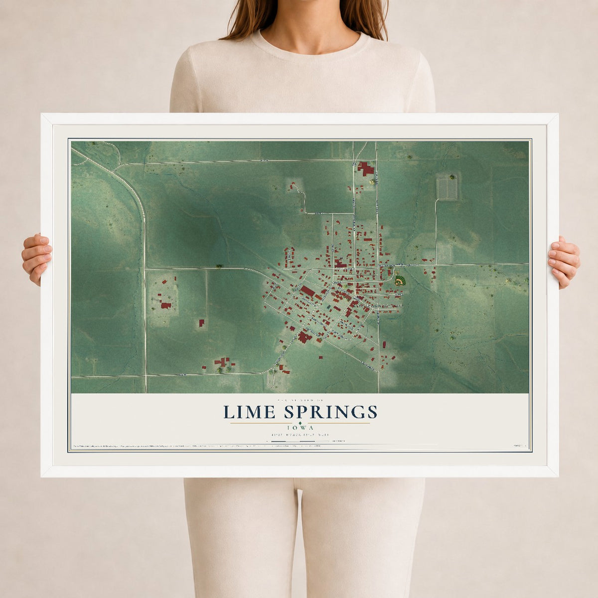 Map of Lime Springs, Iowa, 24 x 36 inch print in a white wood frame