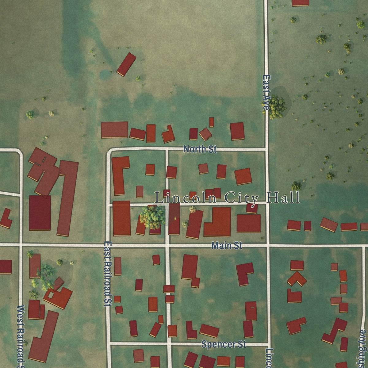 Close-up of the map of Lincoln, Iowa print showing street and building detail