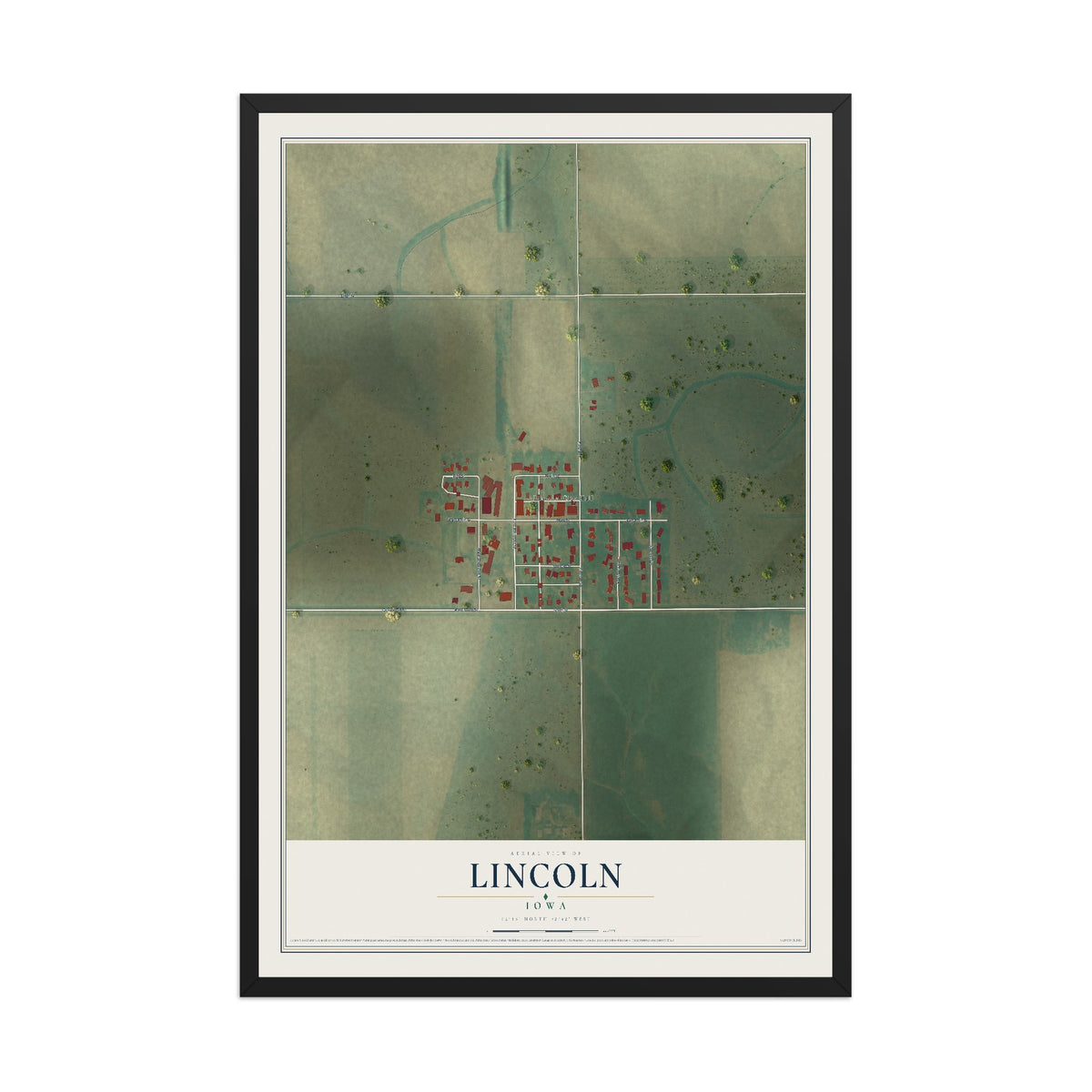 Map of Lincoln, Iowa, 12 x 18 inch print in a black wood frame