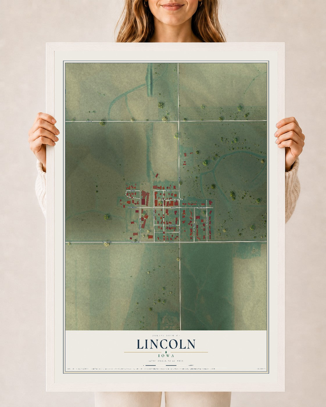 Map of Lincoln, Iowa, 24 x 36 inch print in a white wood frame