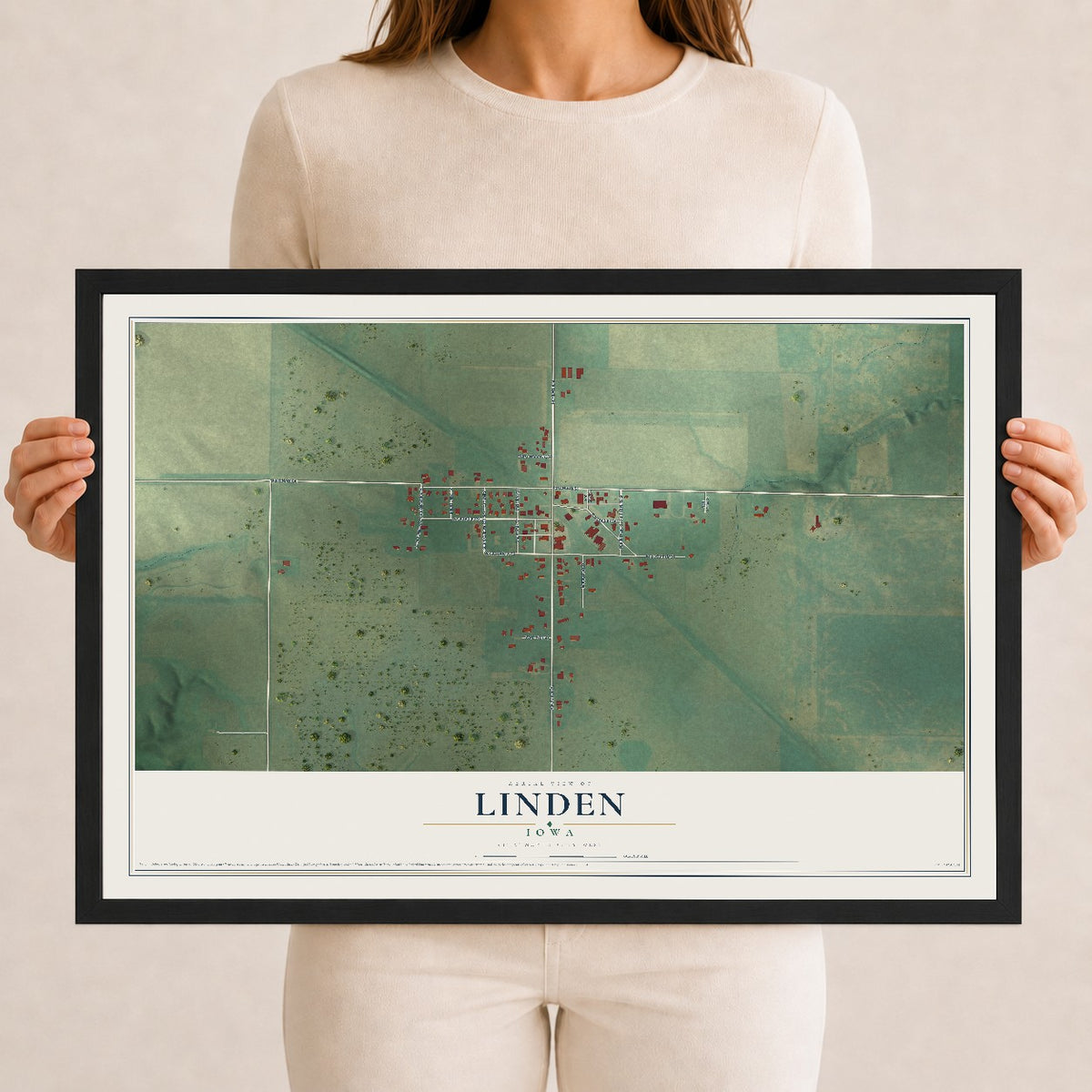 Map of Linden, Iowa, 12 x 18 inch print in a black wood frame