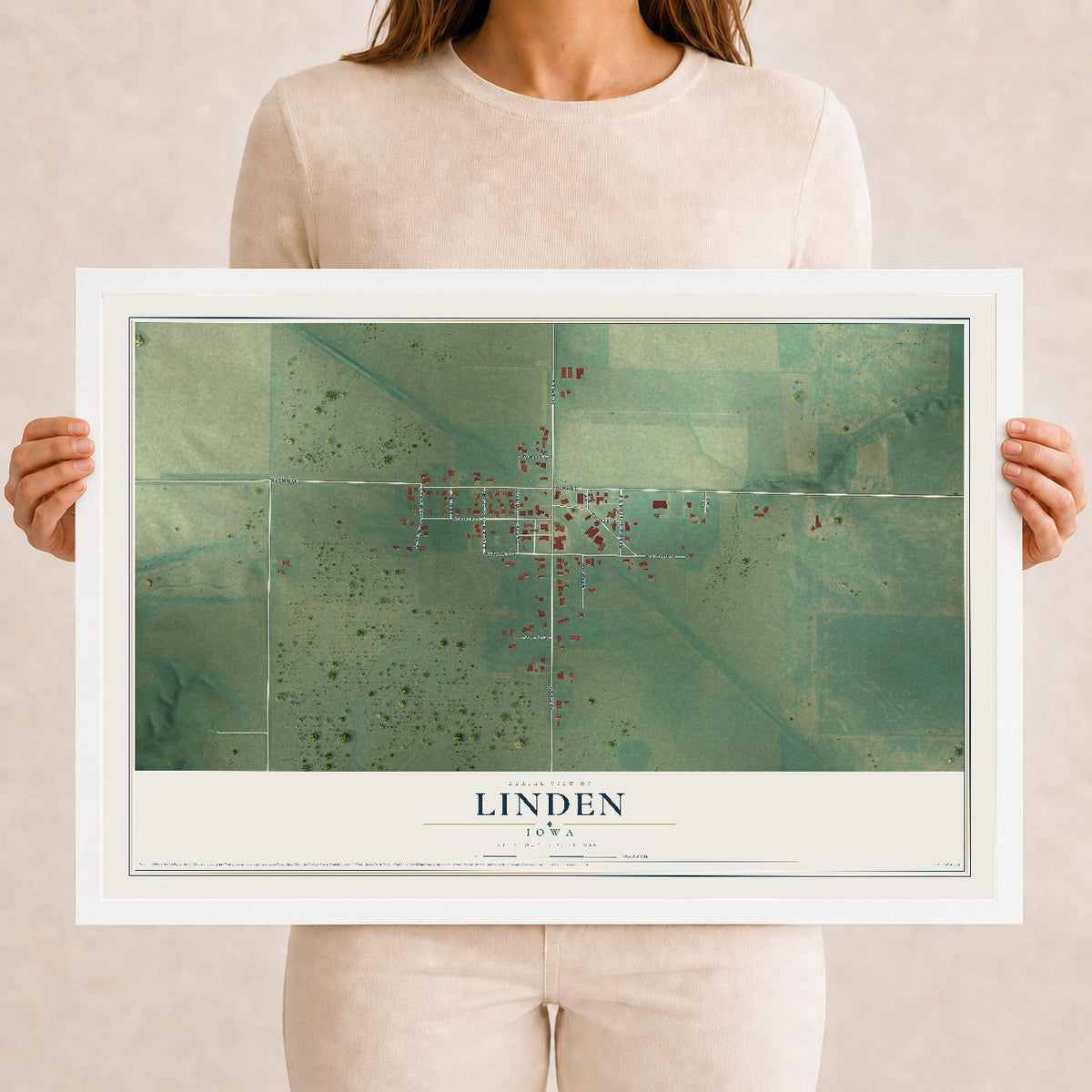 Map of Linden, Iowa, 12 x 18 inch print in a white wood frame