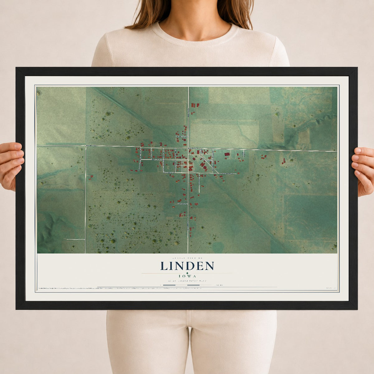 Map of Linden, Iowa, 18 x 24 inch print in a black wood frame