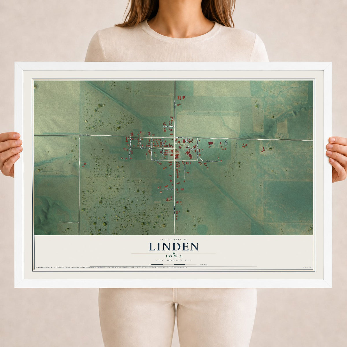 Map of Linden, Iowa, 18 x 24 inch print in a white wood frame