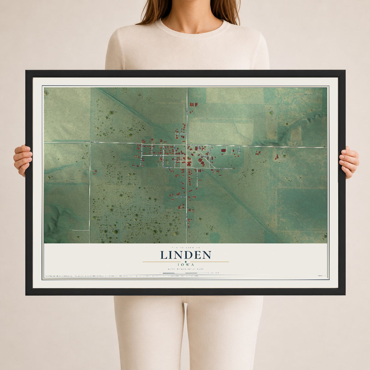 Map of Linden, Iowa, 24 x 36 inch print in a black wood frame