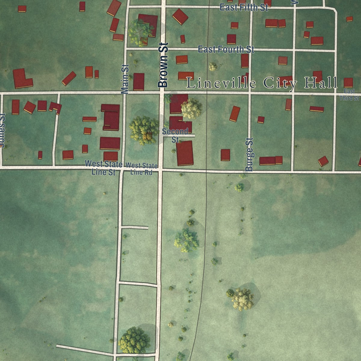 Close-up of the map of Lineville, Iowa print showing street and building detail
