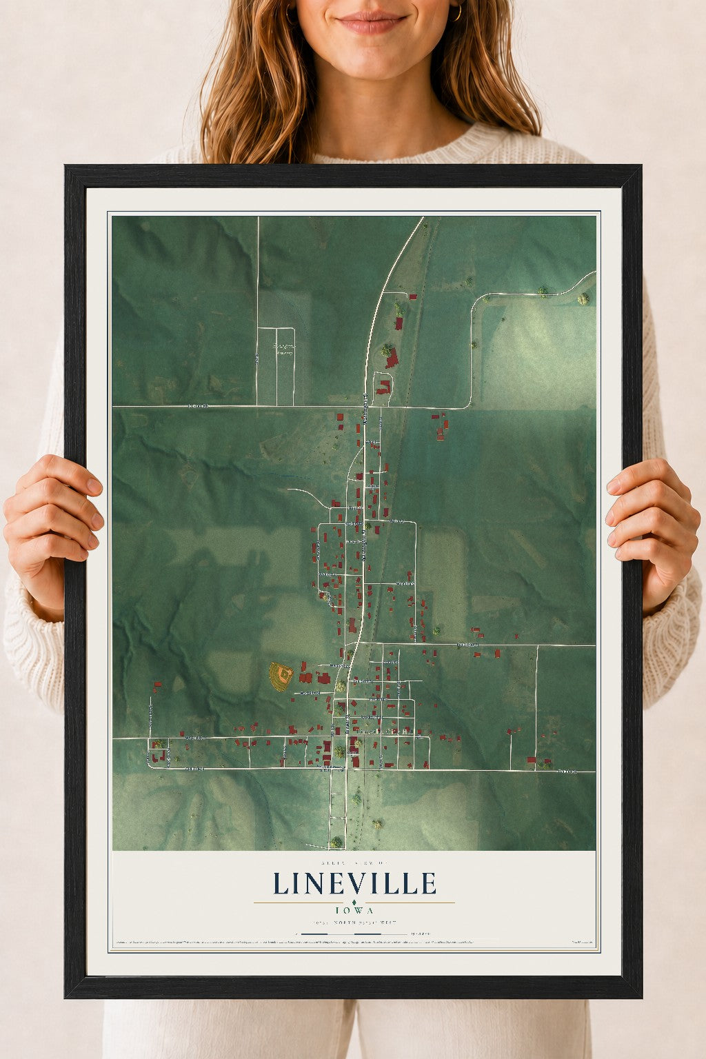Map of Lineville, Iowa, 18 x 24 inch print in a black wood frame
