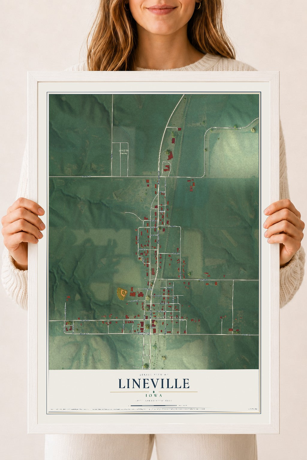Map of Lineville, Iowa, 18 x 24 inch print in a white wood frame
