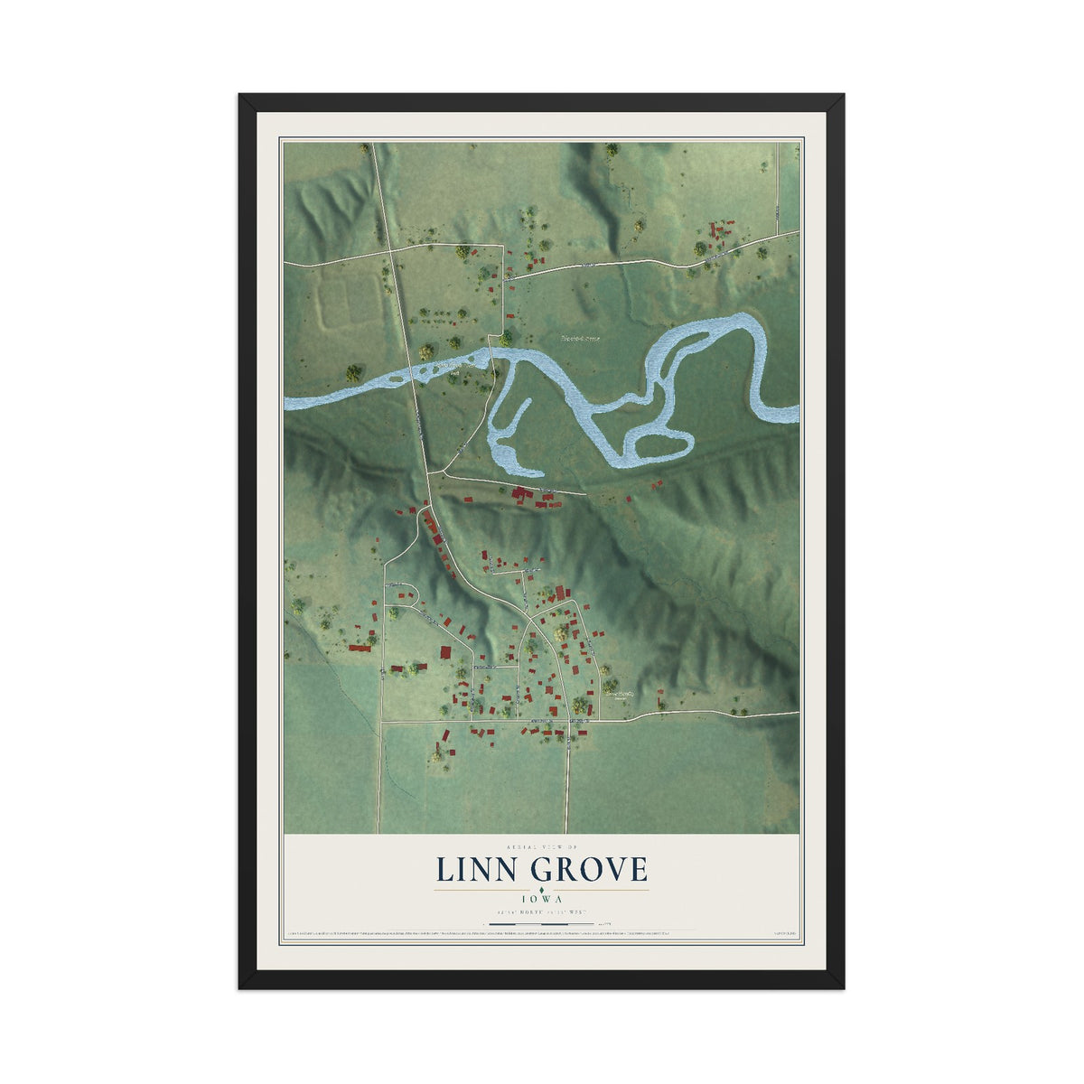 Map of Linn Grove, Iowa, 12 x 18 inch print in a black wood frame