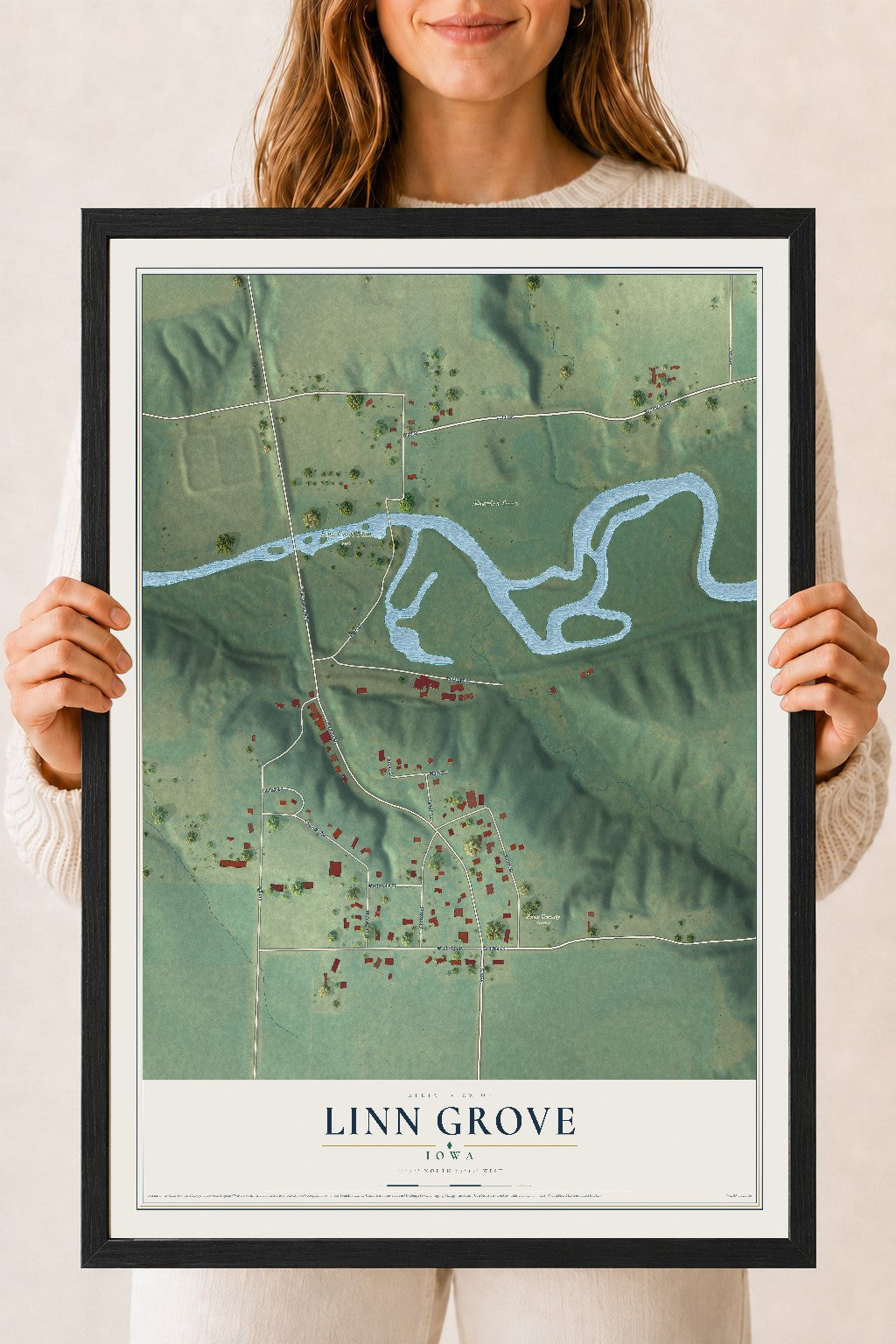 Map of Linn Grove, Iowa, 18 x 24 inch print in a black wood frame