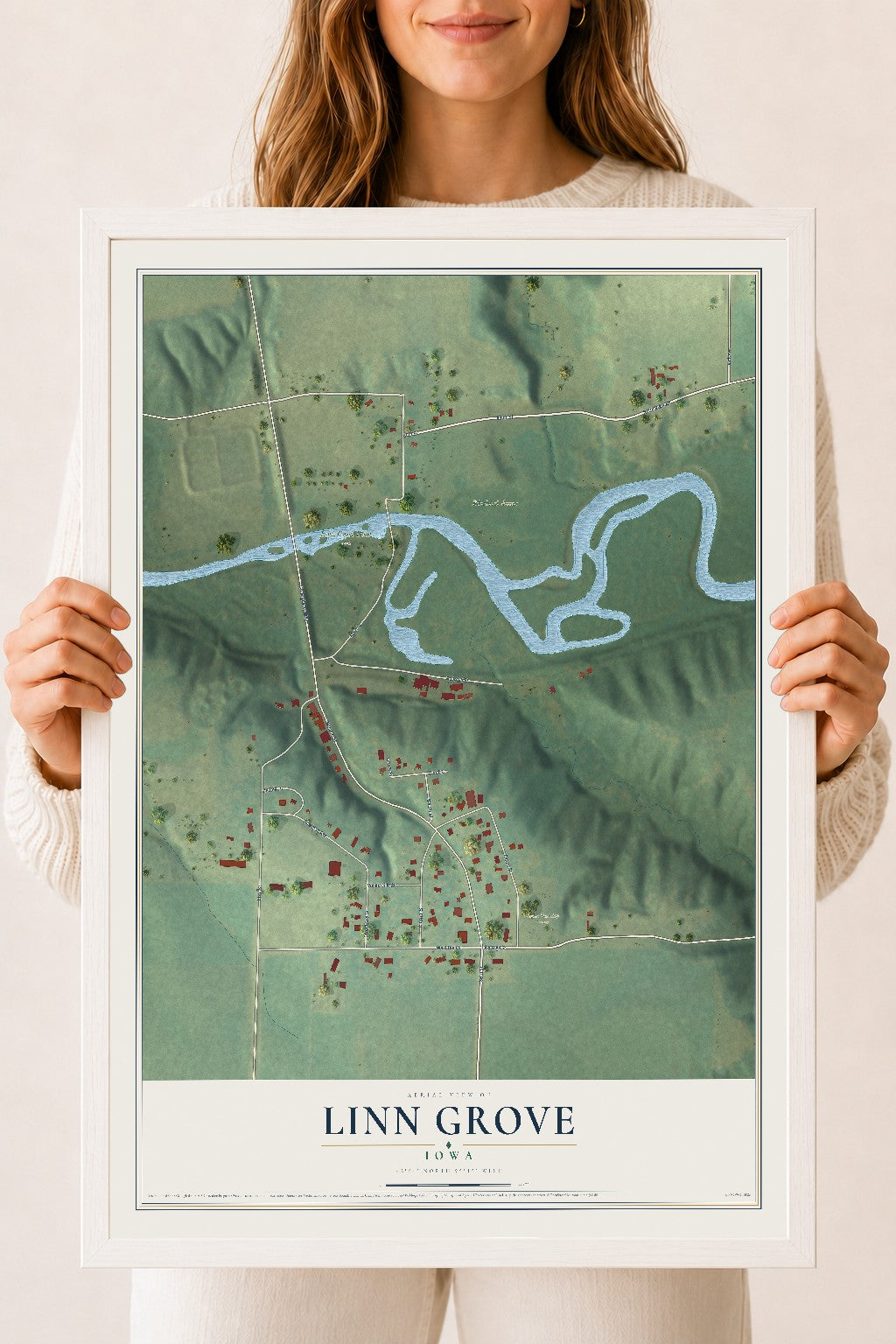 Map of Linn Grove, Iowa, 18 x 24 inch print in a white wood frame