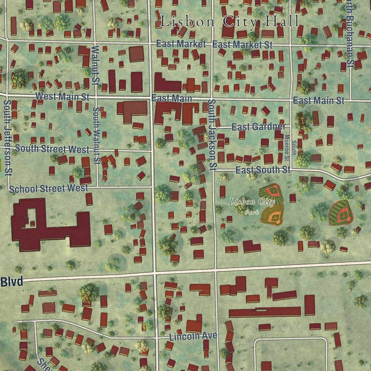 Close-up of the map of Lisbon, Iowa print showing street and building detail