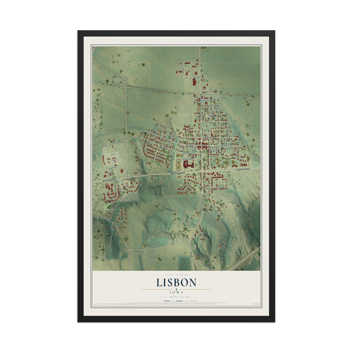Map of Lisbon, Iowa, 12 x 18 inch print in a black wood frame