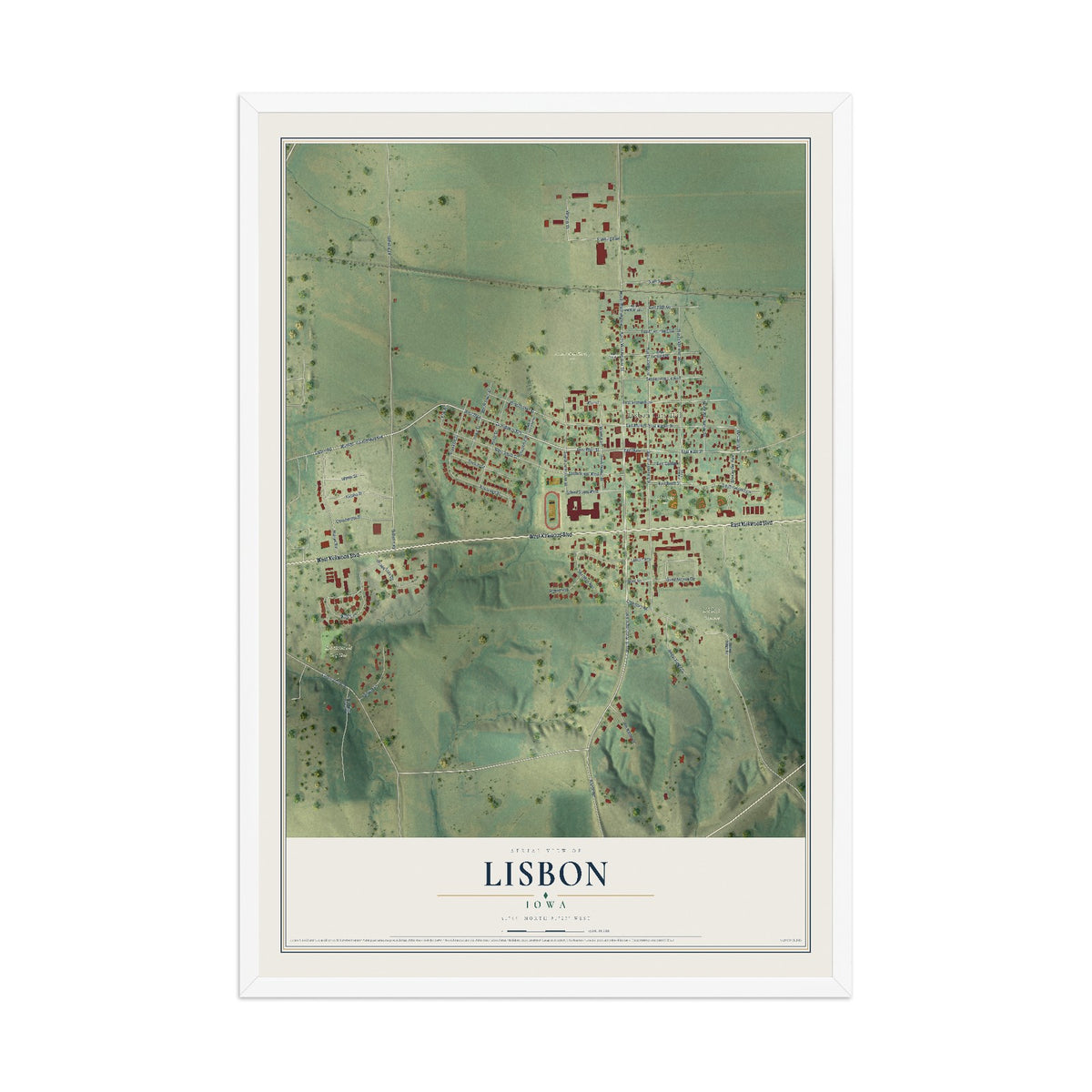Map of Lisbon, Iowa, 12 x 18 inch print in a white wood frame