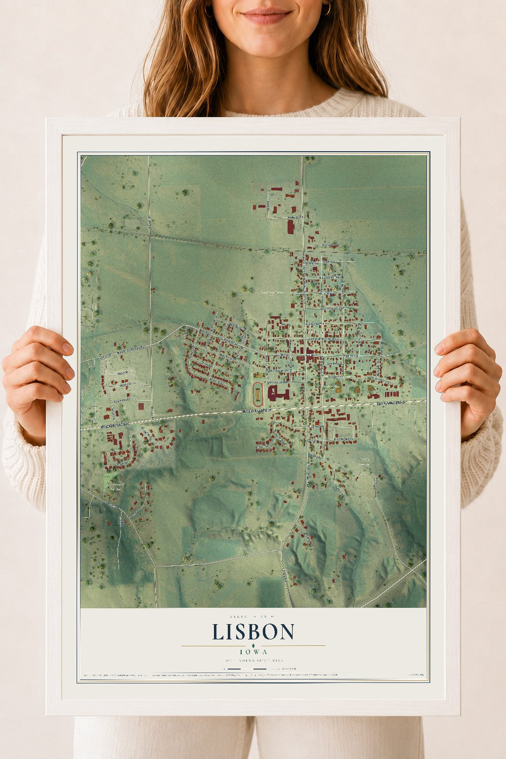 Map of Lisbon, Iowa, 18 x 24 inch print in a white wood frame