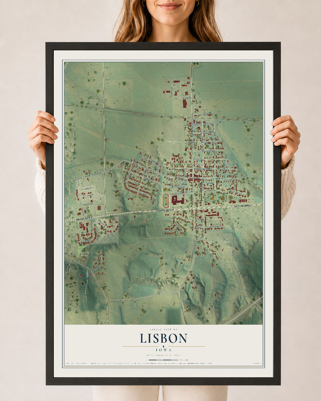 Map of Lisbon, Iowa, 24 x 36 inch print in a black wood frame