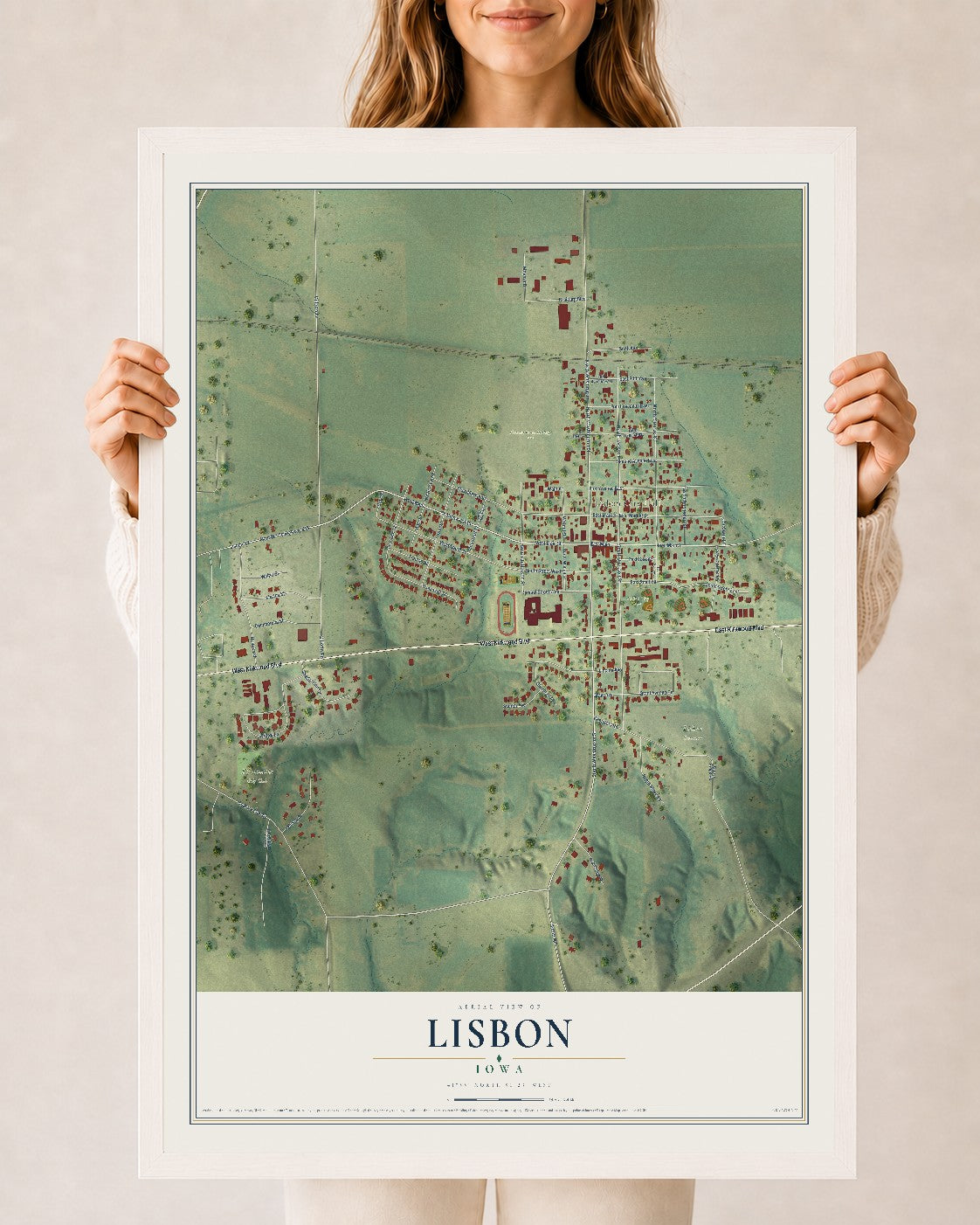 Map of Lisbon, Iowa, 24 x 36 inch print in a white wood frame