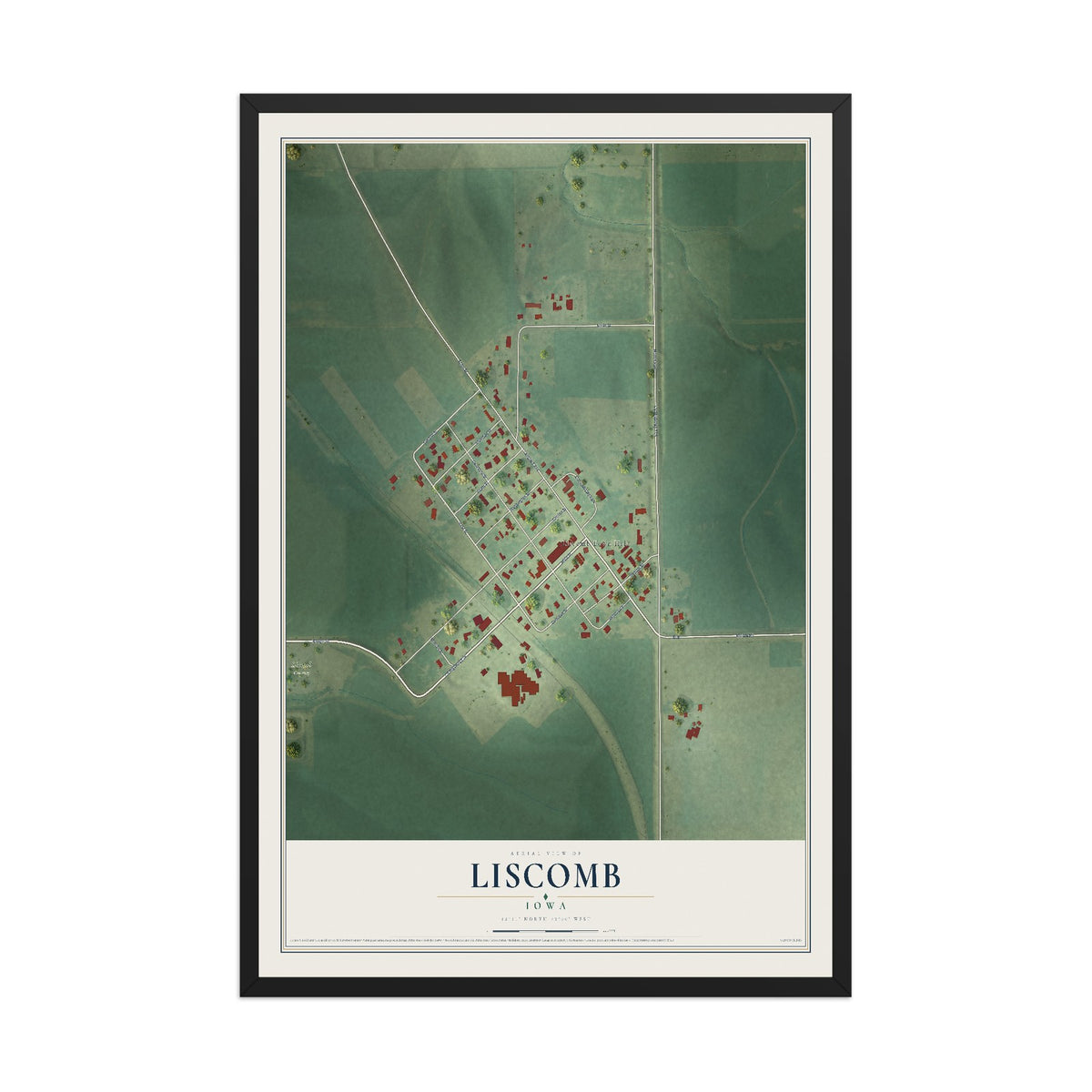 Map of Liscomb, Iowa, 12 x 18 inch print in a black wood frame