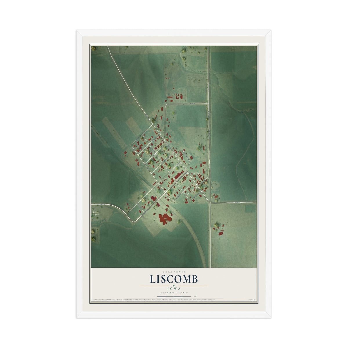 Map of Liscomb, Iowa, 12 x 18 inch print in a white wood frame
