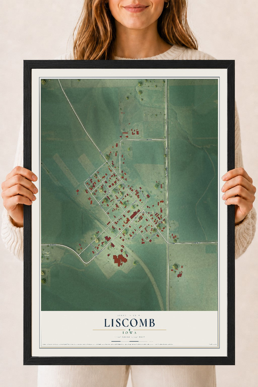 Map of Liscomb, Iowa, 18 x 24 inch print in a black wood frame