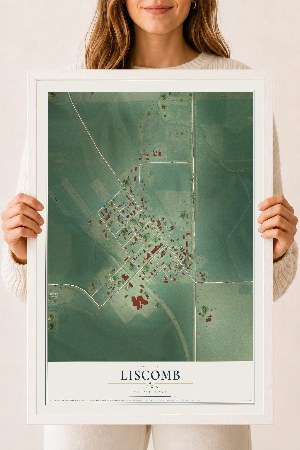 Map of Liscomb, Iowa, 18 x 24 inch print in a white wood frame