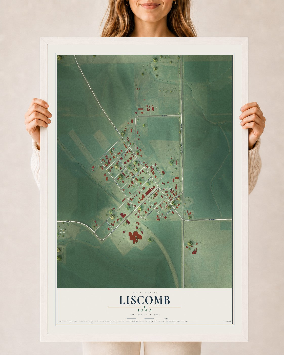 Map of Liscomb, Iowa, 24 x 36 inch print in a white wood frame