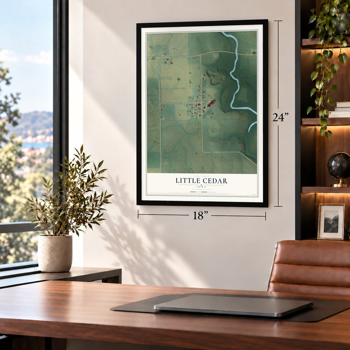 Little Cedar, Iowa map, 18 x 24 inch print in a black frame in a home office