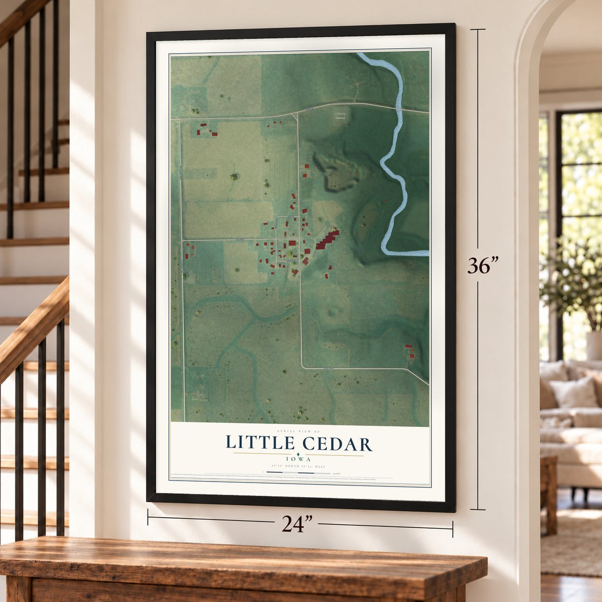 Little Cedar, Iowa map, 24 x 36 inch print in a black frame by a staircase